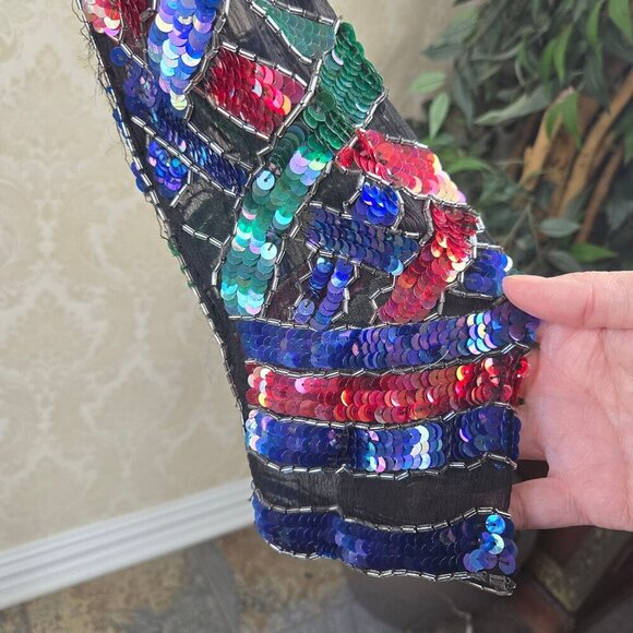 Vintage 80's Silk Sequin Beaded Evening Blouse Blue Green Fuchsia Black - Picture 7 of 16